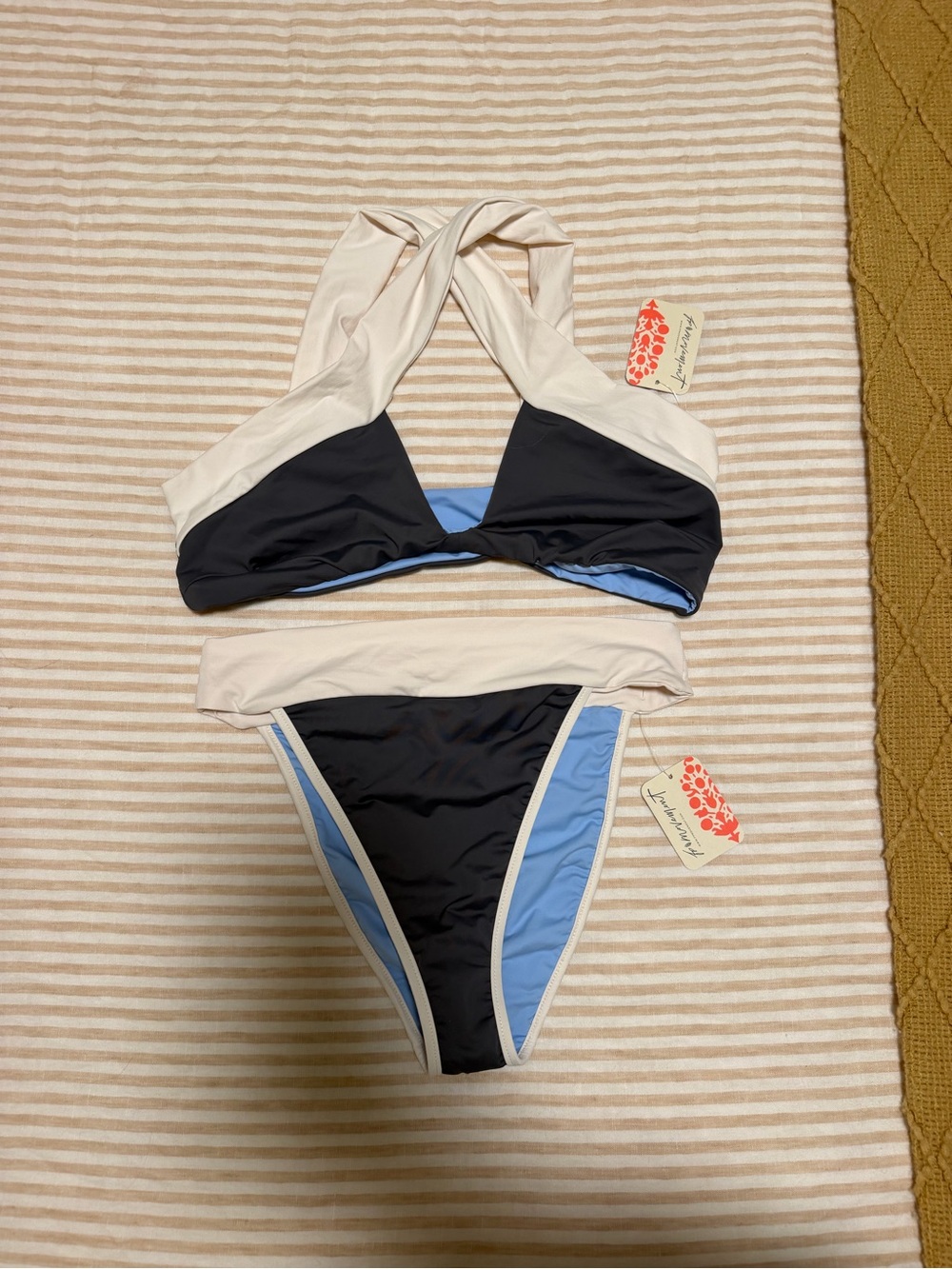 Free People Three-Tone Halter Bikini — Black, Light Blue & Cream